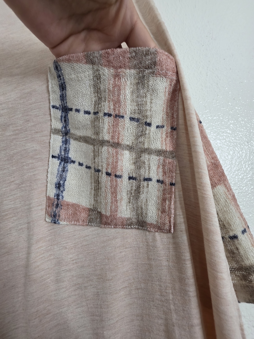 Ces Femme Womens Plaid Contrast Sleeve Pocket Top Medium Blush Pink - Picture 8 of 13